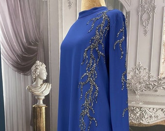 Wedding Royal Blue Dress /Crepe Fabric/ Islamic Clothing / Hijab Satin Evening Dress / Stylish / Abaya For Muslim/Summer Dress/Best Clothing