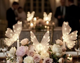 Centro de mesa gigante de mariposas LED de organza (juego de 3): decoración de mesa de lujo para bodas, telón de fondo para fiestas, decoración con luces de hadas y decoración para eventos.