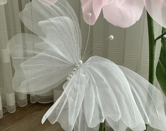 White Giant Silk Butterfly Large Butterfly Organza Art, Large tulle butterfly, Stage Decoration, Photo Shoot, Event, Birthday,Party Decor