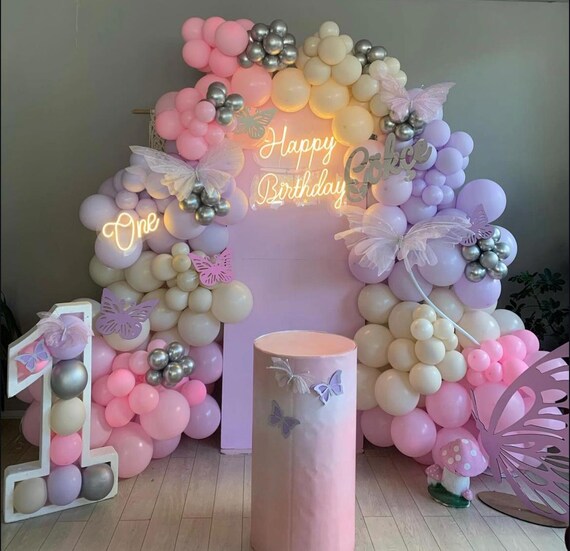 Kit Decorazione Festa Compleanno A Tema Farfalla, Viola E Rosa, Per 20 Persone: Palloncini, Stoviglie, Tovaglia, Sfondo E Decorazioni 3D - 5