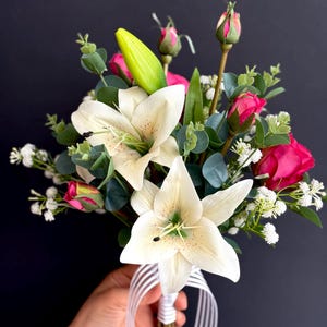 Elegant White Lily and Pink Rose Bridal Bouquet with Boutonniere | Artificial Wedding Flowers Set