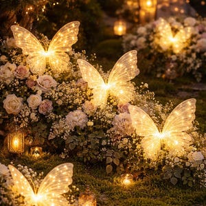 Op de afbeelding: Een nachtelijke tuinscène met gloeiende vlinderlichten tussen witte en roze bloemen. Kleine lantaarns en feeërieke lichtjes dragen bij aan de magische sfeer. De vlinders worden verlicht met warm wit licht.