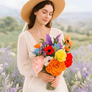 Bouquet da sposa con fiori di carta colorati – Rose, papaveri, peonie, ranuncoli e iris fatti a mano per matrimonio, fidanzamento o damigelle d'onore