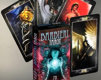 May include: A Barbieri Tarot deck with 70 cards and instructions. The box features a woman with glowing blue energy. Four tarot cards are fanned out, each with unique illustrations in shades of blue, red, and gold. The deck is designed for divination.