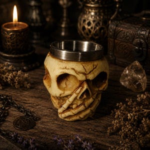 Borrelglas Gothic Skull: drinkgerei van polystone en roestvrij staal