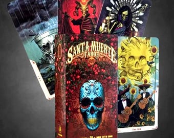May include: A box of Santa Muerte Tarot cards with a colorful skull design on the front. The box is surrounded by four cards, each with a different image. The cards are part of a 78-card deck and include a book.