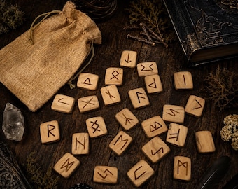 Nordic Viking Runes/ Set 25 Handcrafted Pear Wood Runes in Textile Pouch/ Ancient Divination/ Tool for Spiritual and Esoteric Practices+gift
