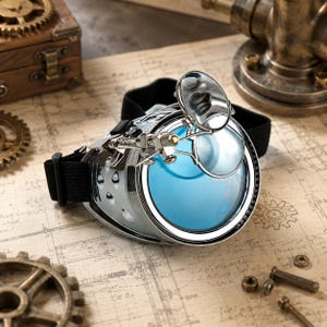 Steampunk Goggles with Magnifying Lens, Blue & Clear Glass, Cosplay Accessory