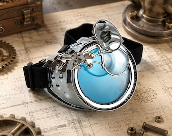 Gafas Steampunk con lupa, cristal azul y transparente, accesorio de cosplay