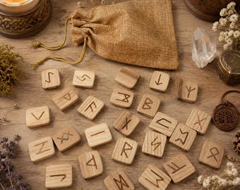 Handmade Ash Wood Viking Runes Set – Divination Tool with Textile Bag