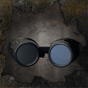 May include: Black goggles featuring two circular, dark-tinted lenses encased in a solid frame. The eyewear includes a black adjustable elastic strap attached to the sides, designed to fit securely around the head for eye protection and coverage.