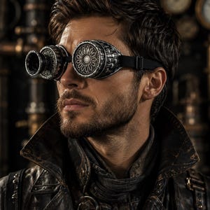 May include: Goggles featuring a metallic silver finish with intricate circular filigree patterns on the lenses and a protruding cylindrical eyepiece on the left side. The eyewear includes a black adjustable elastic strap for a secure fit.
