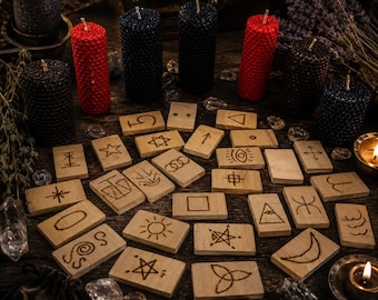 Set of wooden runes for divination Witch runes in a textile bag. 28 ancient signs of Wicca magic. Gift for a witch + surprise gift