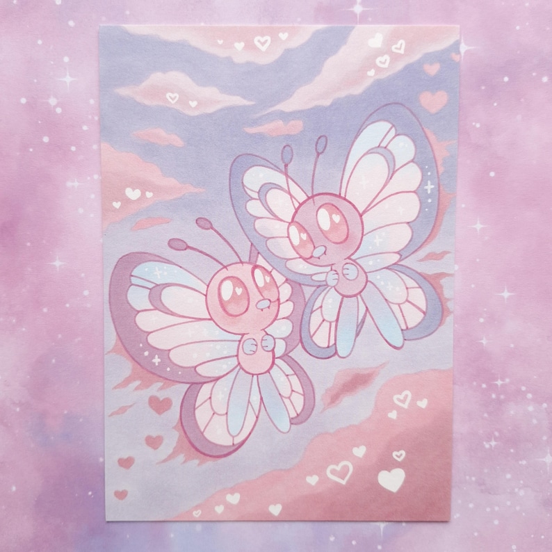 May include: A charming illustration of two cartoon butterflies, rendered in soft pastel colours of pink, blue, and white. The butterflies have large eyes and heart-shaped details, set against a sky filled with hearts. The artwork evokes a sense of sweetness and romance.
