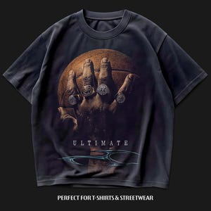May include: Dark gray t-shirt featuring a detailed graphic of a hand holding a basketball, adorned with multiple rings. The word "ULTIMATE" is printed below the hand, with a stylized design underneath. The shirt is designed for streetwear.