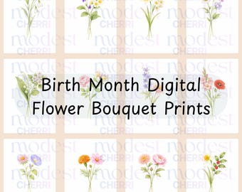 May include: Digital prints featuring watercolor illustrations of various birth month flower bouquets. The image includes text that reads "Birth Month Digital Flower Bouquet Prints". Each bouquet is tied with a simple green ribbon.