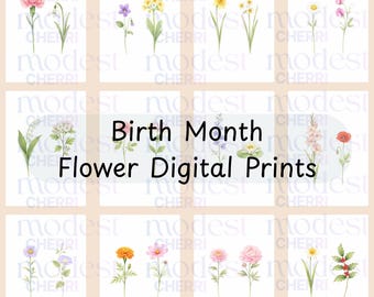 36 Birth Month Flower Prints, Personalized Botanical Watercolor Wall Art, Two Birth Month Flowers, Minimalist Floral Poster, Custom Gift