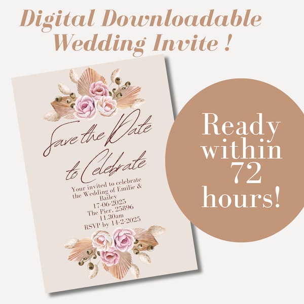 Wedding Invitation Boho wedding invite floral wedding decor digital wedding invitation for guests beige floral invite for wedding cards