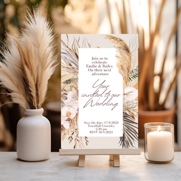 Wedding Invitation Boho wedding invite floral wedding decor digital wedding invitation for guests' beige floral invite for wedding cards