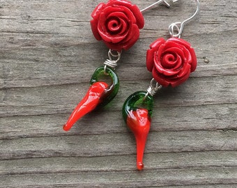 Red Chili Pepper Earrings, Rose Flower Earrings, Drop Earrings, Best Friend Birthday Gift for her, Christmas Gift for Friend, Secret Santa