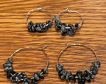 Snowflake Obsidian Earrings, Black Hoop Earrings, Gemstone Earrings, Root Chakra Jewelry, Stocking Stuffer for Teenage Girl, Secret Santa