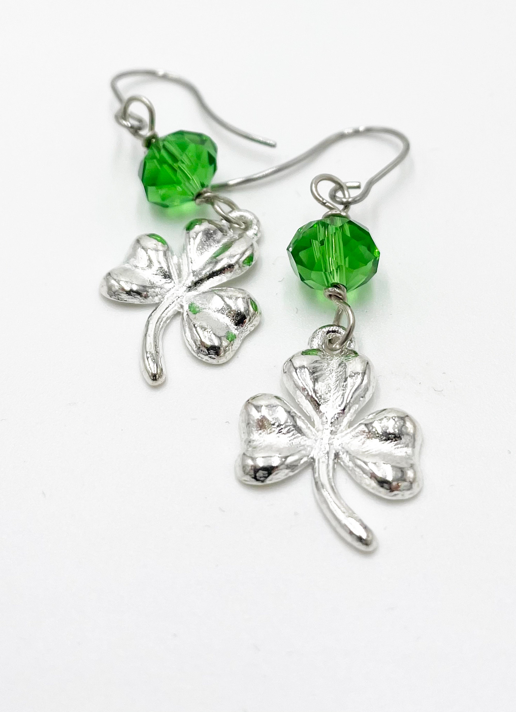 St. Patrick's Day Earrings - Green Shamrock Dangle Earrings, Leprechaun Irish Jewelry For Women - View #3