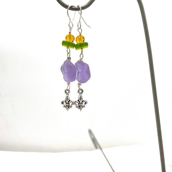 Mardi Gras Earrings, Fleur de Lis Earrings, Purple Green Gold Earrings, Cultured Sea Glass Earrings, Carnival Accessories, Unique Birthday