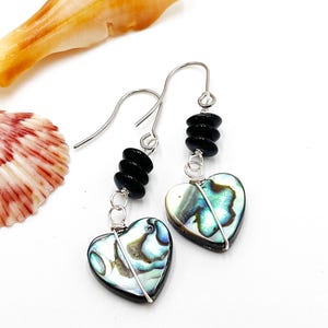 Abalone Shell Earrings, Black Heart Earrings, Unique Birthday Gift for Her, Beach Wedding Earrings, Valentines Day Gift, Galentines Day Gift