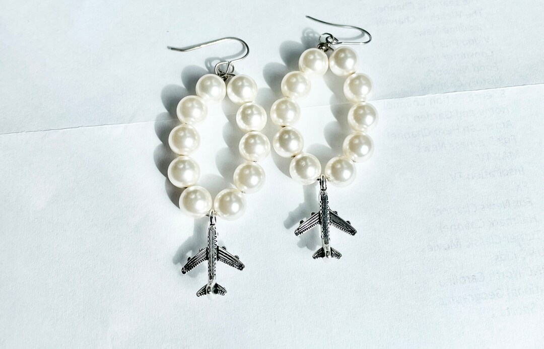 Airplane Earrings Silver, Pearl Earrings Hoop, Christmas Gift for