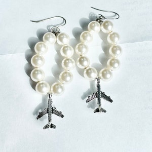 Airplane Earrings Silver, Pearl Earrings Hoop, Gift for Flight Attendant, Female Pilot Gifts, Aviation Gifts Unique, Plane Earrings for Her