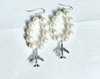 Airplane Earrings Silver, Pearl Earrings Hoop, Gift for Flight Attendant, Female Pilot Gifts, Aviation Gifts Unique, Plane Earrings for Her