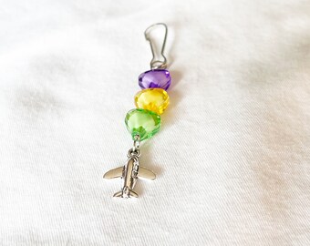 Mardi Gras Charm for Backpack, Airplane Zipper Pull, Plane Charms, Aviation Gifts Unique, Flight Attendants Gifts, Female Pilot Gifts