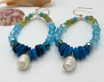 Peridot Earrings Hoop, Boho Earrings Blue, Mother of Pearl Jewelry, Gemstone Earrings, August Birthstone Earrings for Women, Fun Earrings