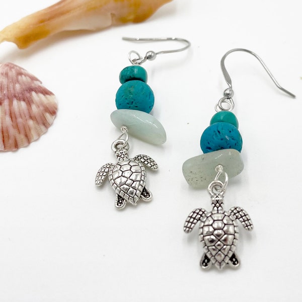 Turtle Earring, Blue Amazonite Earrings, Beach Jewelry for Her, Unique Birthday Gifts for Women, Easter Basket Stuffer for girls, Mothers