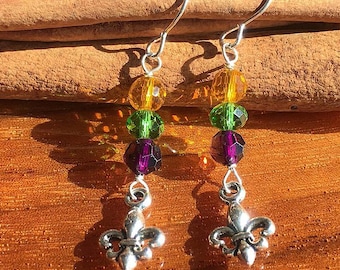 Mardi Gras Earrings, Fleur de Lis Earrings, Purple Green Gold Earrings, Fat Tuesday Gift, Best Friend Birthday Gift for Her, Minimalist