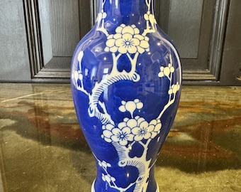 Vintage Blue White Cherry Blossom Porcelain Vase, Chinese Decorative Flower Vessel
