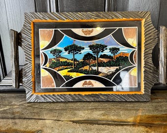 Vintage Reverse Painted Butterfly Wing Art Serving Tray
