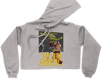 Arnie gegen Predator „Get to da Choppa!“ Kurzer Fleece-Hoodie für Damen