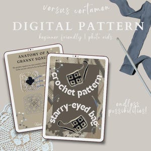 May include: Two digital tablet screens displaying a crochet pattern for a "starry-eyed bag". The pattern includes instructions and photos of the finished bag. The text on the screen reads "crochet pattern starry-eyed bag" and "endless possibilities!"