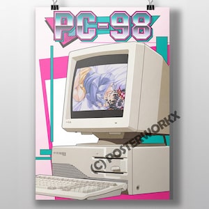 May include: Poster with a retro computer design, featuring the text "PC-98" in a colourful, 80s style font. The computer screen shows an anime illustration. The background has pink and teal geometric shapes. The poster is held by a metal clip.