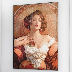 May include: Art Nouveau style print of a woman with red lips and earrings, wearing a white dress and holding a pendant. The background features a geometric design in shades of brown and orange. The print is framed in black.