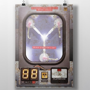 May include: A poster featuring a retro-futuristic design with a central glowing element. The poster includes text that reads "DISCONNECT CAPACITOR DRIVE BEFORE OPENING" and "SHIELD EYES FROM LIGHT." A digital display shows the number "88."
