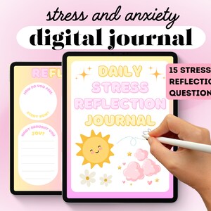Könnte beinhalten: Digitales Journal für Stress und Angstzustände, mit einem rosa und gelben Design. Das Journal enthält Aufforderungen zur täglichen Stressreflexion und Fragen. Der Text auf dem Journal lautet "Daily Stress Reflection Journal" und "15 Stress Reflection Questions!"