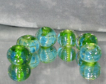 Six Green Silvered Spacer Lampwork Beads - 3506