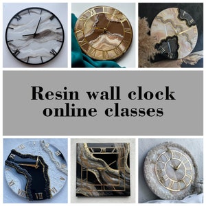 May include: Four resin wall clocks with different designs. Each clock features a unique combination of white, black, and gold colors with a resin-filled design. The clocks have Roman numeral markings and gold hands.