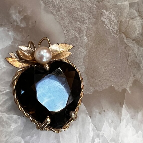 14K Yellow Gold and Smokey Topaz with Pearl Heart… - image 1