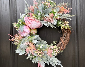 Floral Rose, Peony and Berry Lambs Ear Wreath, Front Door Decor, Housewarming Gift, Spring Wreath, Rose Peony and Berry wreath, Farmhouse