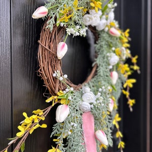 Rosemary and Tulip Floral farmhouse wreath, asymmetrical wreath, victorian wreath, pink floral wreath, Romantic wreath, trailing greenery image 1