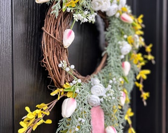 Rosemary and Tulip Floral farmhouse wreath, asymmetrical wreath, victorian wreath, pink floral wreath, Romantic wreath, trailing greenery