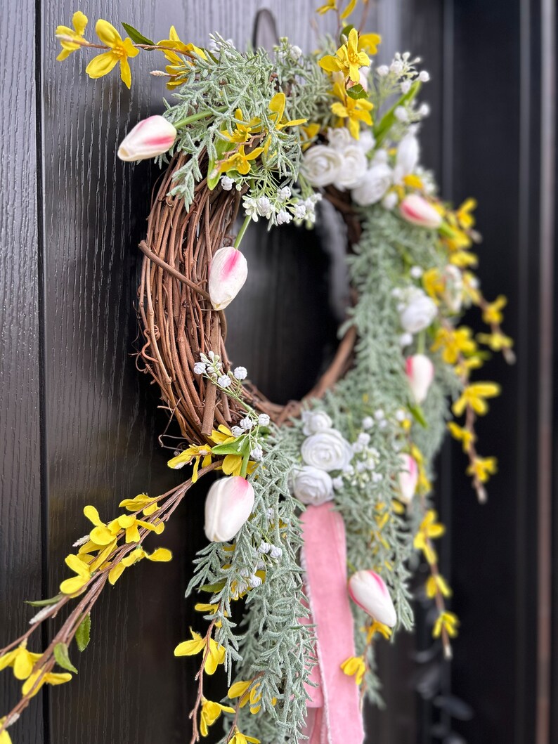 Rosemary and Tulip Floral farmhouse wreath, asymmetrical wreath, victorian wreath, pink floral wreath, Romantic wreath, trailing greenery image 1